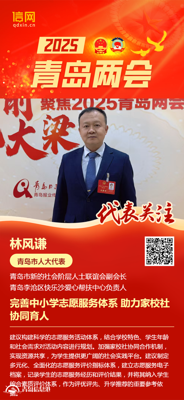 青岛市人大代表林风谦：完善中小学志愿服务体系 助力家校社协同育人